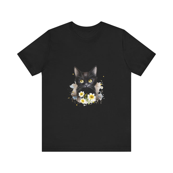 Black t-shirt featuring a fierce-looking black cat with piercing yellow eyes