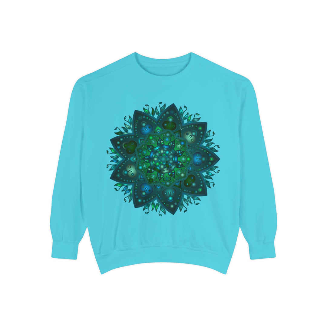 Teal and blue mandala sweatshirt with intricate and detailed design