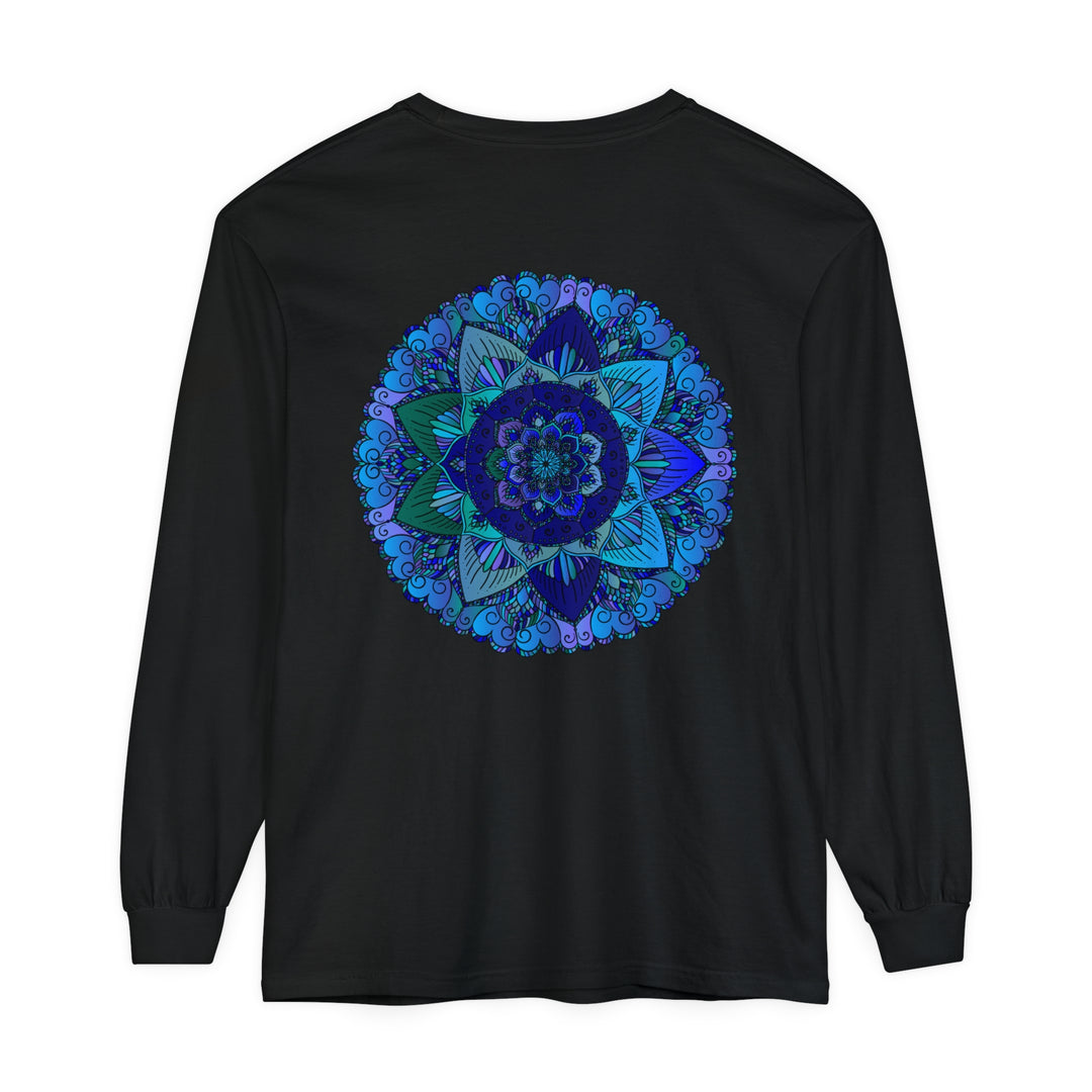 Dark blue and green mandala long sleeve t-shirt with intricate and vibrant design