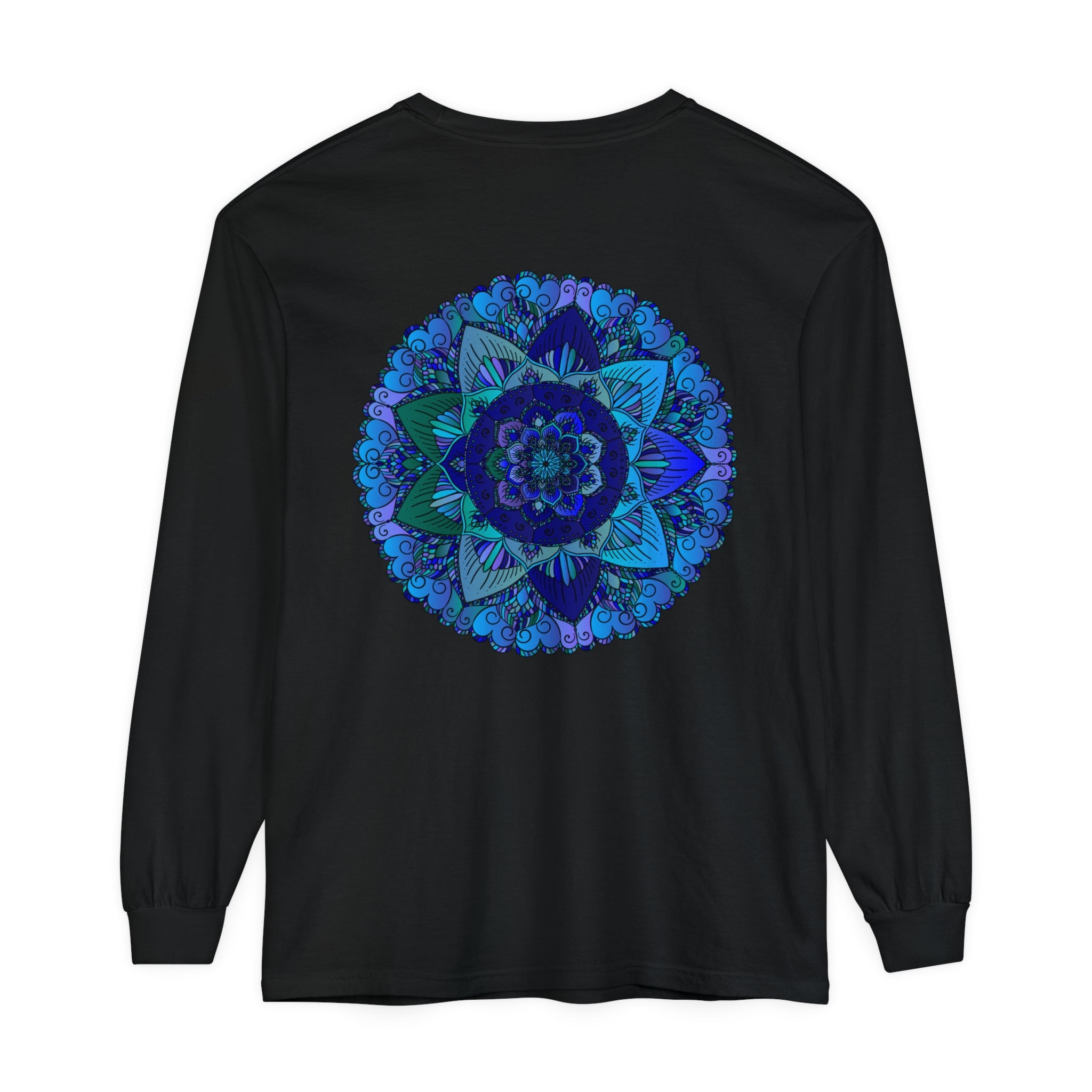 Dark blue and green mandala long sleeve t-shirt with intricate and vibrant design