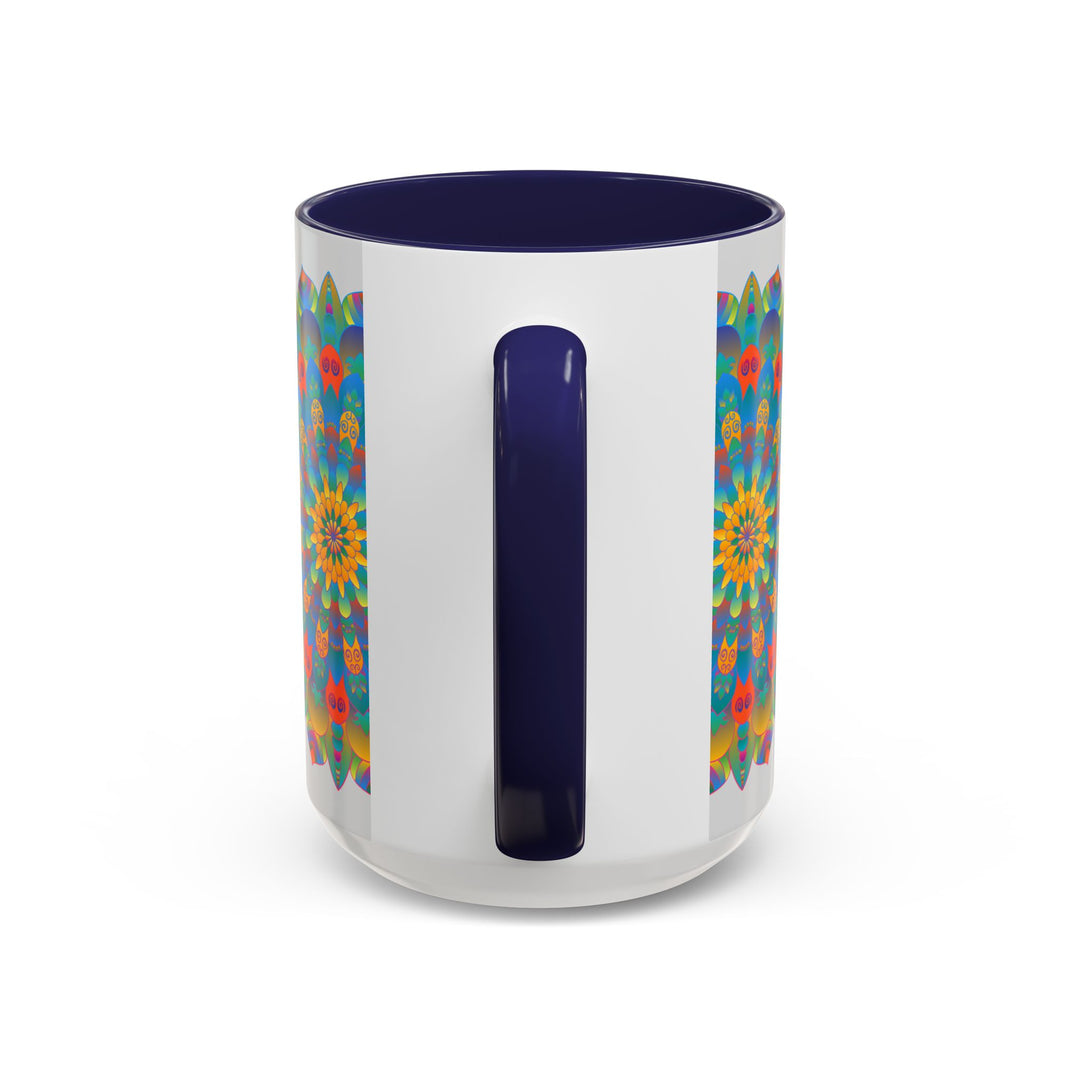 Beautiful hand-painted Mandala Art Mug in vibrant yellow, orange, and blue colors