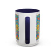 Beautiful hand-painted Mandala Art Mug in vibrant yellow, orange, and blue colors