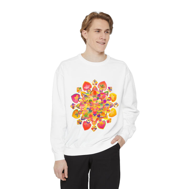 Colorful and detailed vibrant mandala sweatshirt with intricate design and bright, eye-catching colors