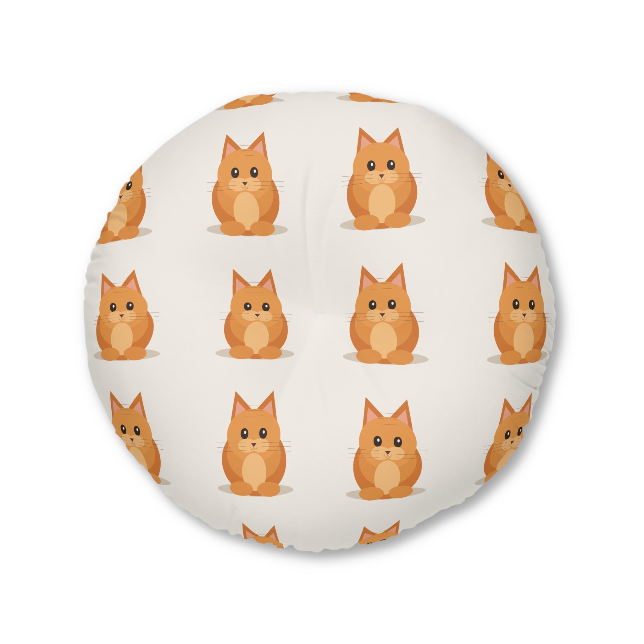 Round Tufted Floor Pillow — Cute Orange Cat Pattern, Paw & Swirl Accent