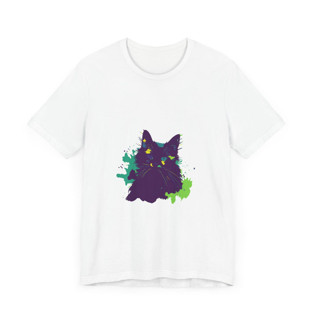 Close-up image of a unique purple cat mystery t-shirt with abstract design