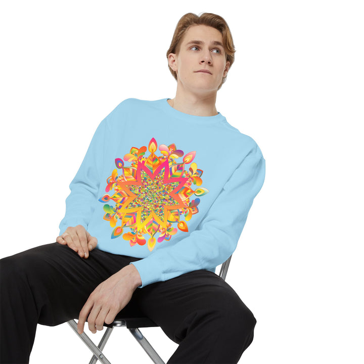 Colorful mandala sweatshirt with intricate design and vibrant patterns for casual and comfortable wear