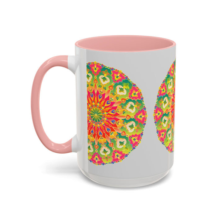 A close-up image of a colorful and vibrant Mandala Art Mug with intricate designs and patterns