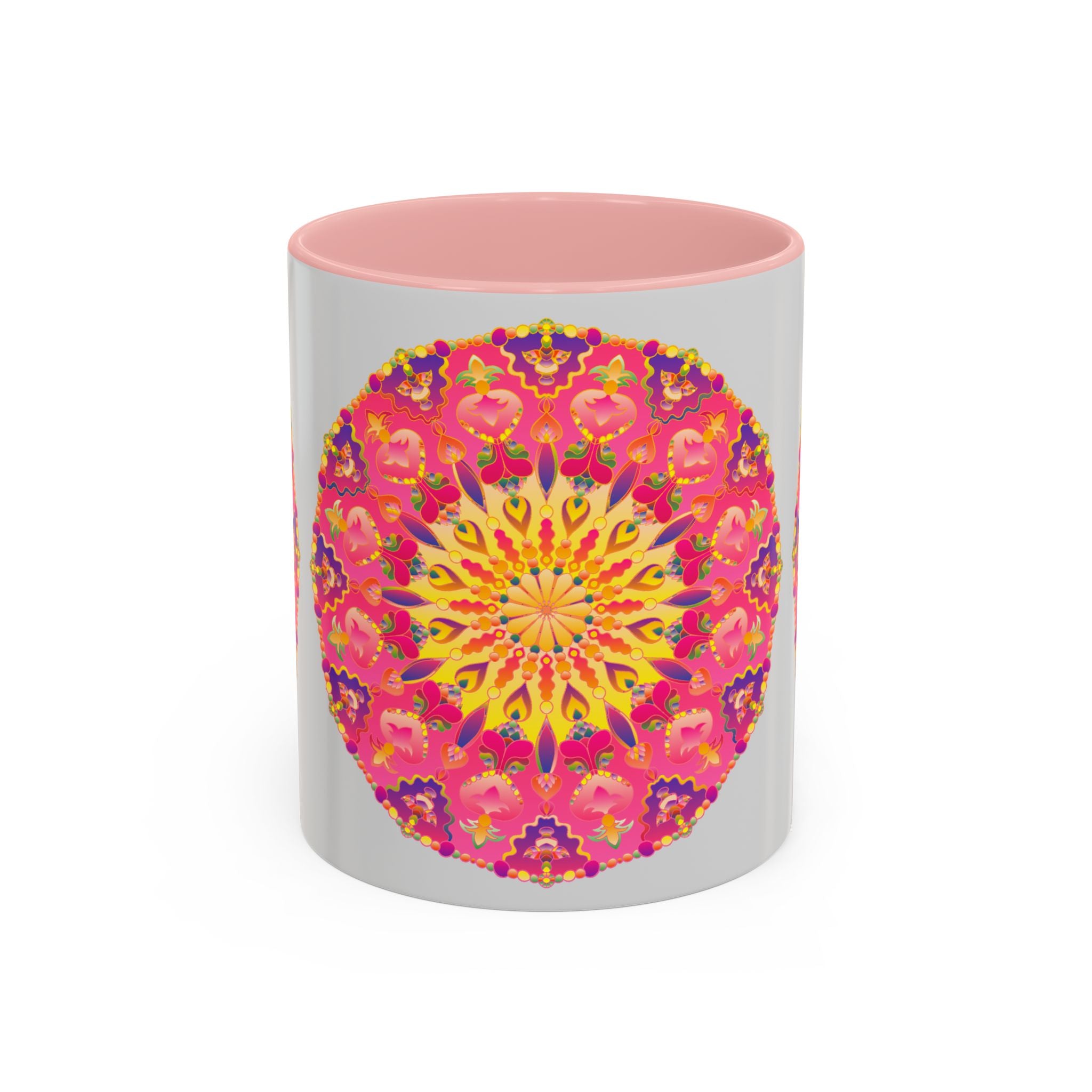 Colorful mandala art mug featuring pink, yellow, and green designs