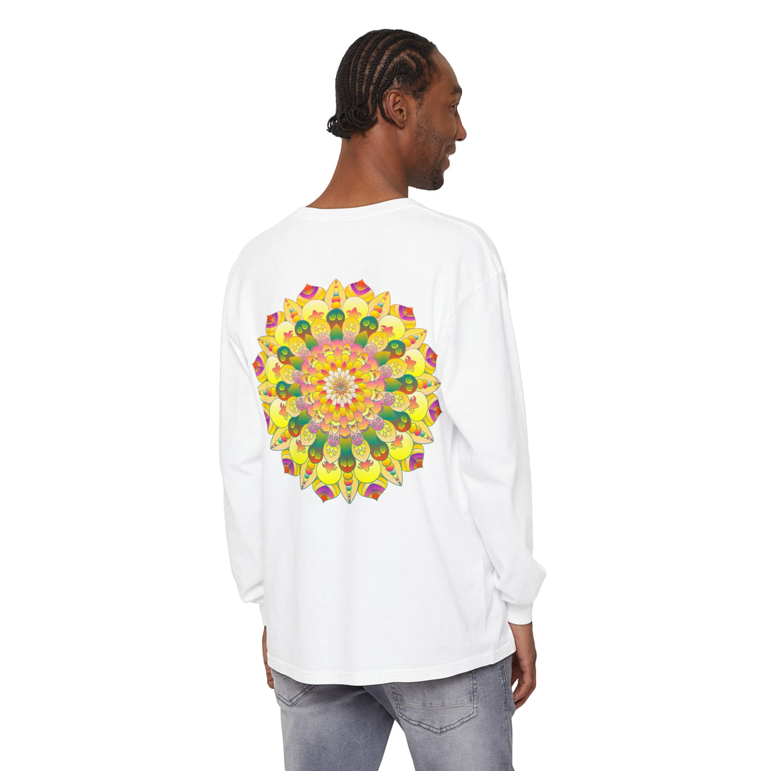 Colorful and intricate vibrant mandala design on unisex long sleeve t-shirt