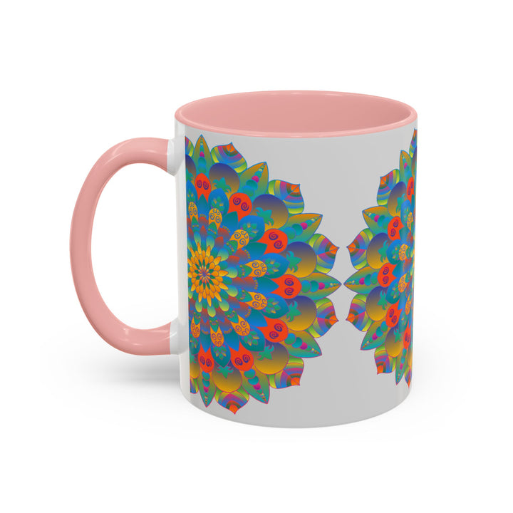 Vibrant yellow, orange, and blue mandala art mug with intricate design