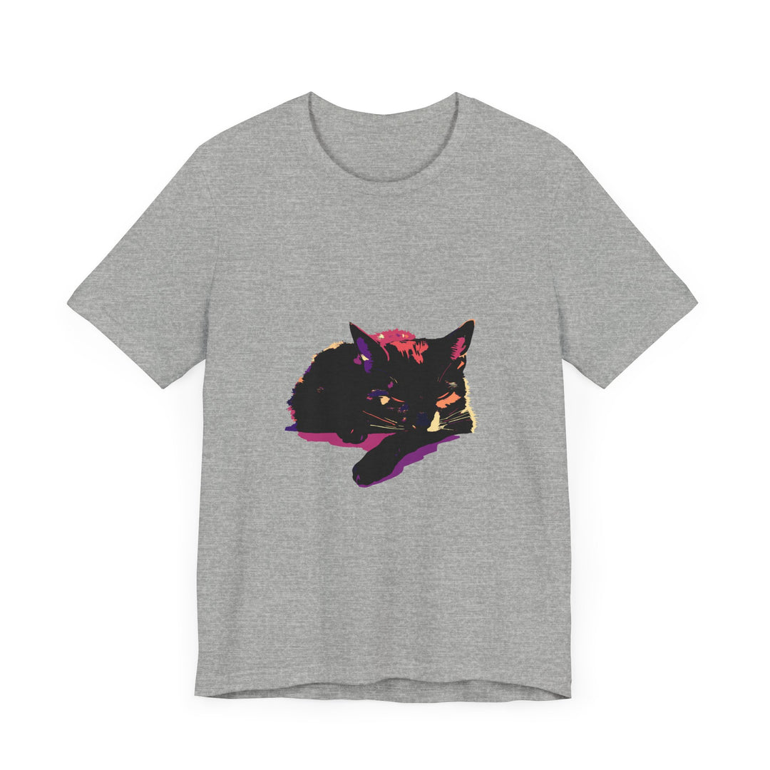 Black Cat Mystery - Colorful Sleep T-Shirt featuring a black cat surrounded by vibrant colors, perfect for a cozy night's sleep