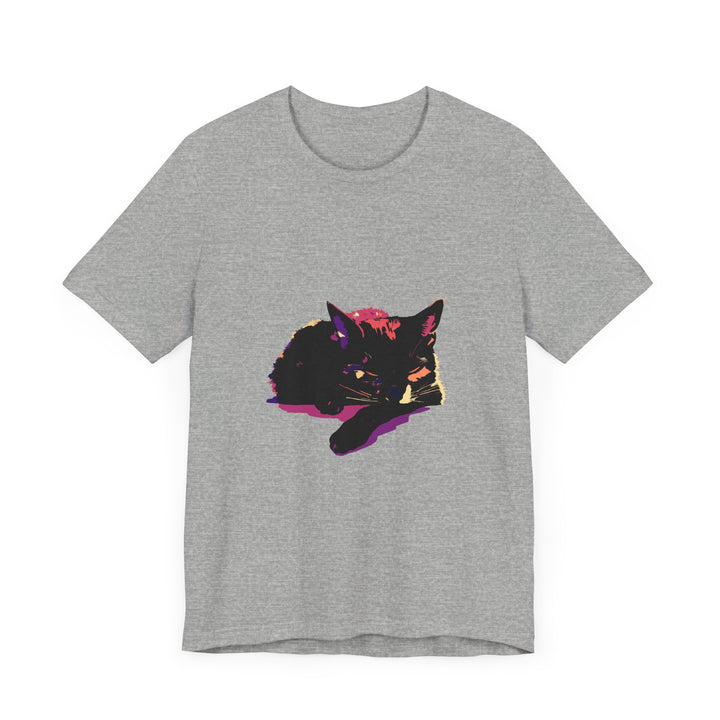 Black Cat Mystery - Colorful Sleep T-Shirt featuring a black cat surrounded by vibrant colors, perfect for a cozy night's sleep