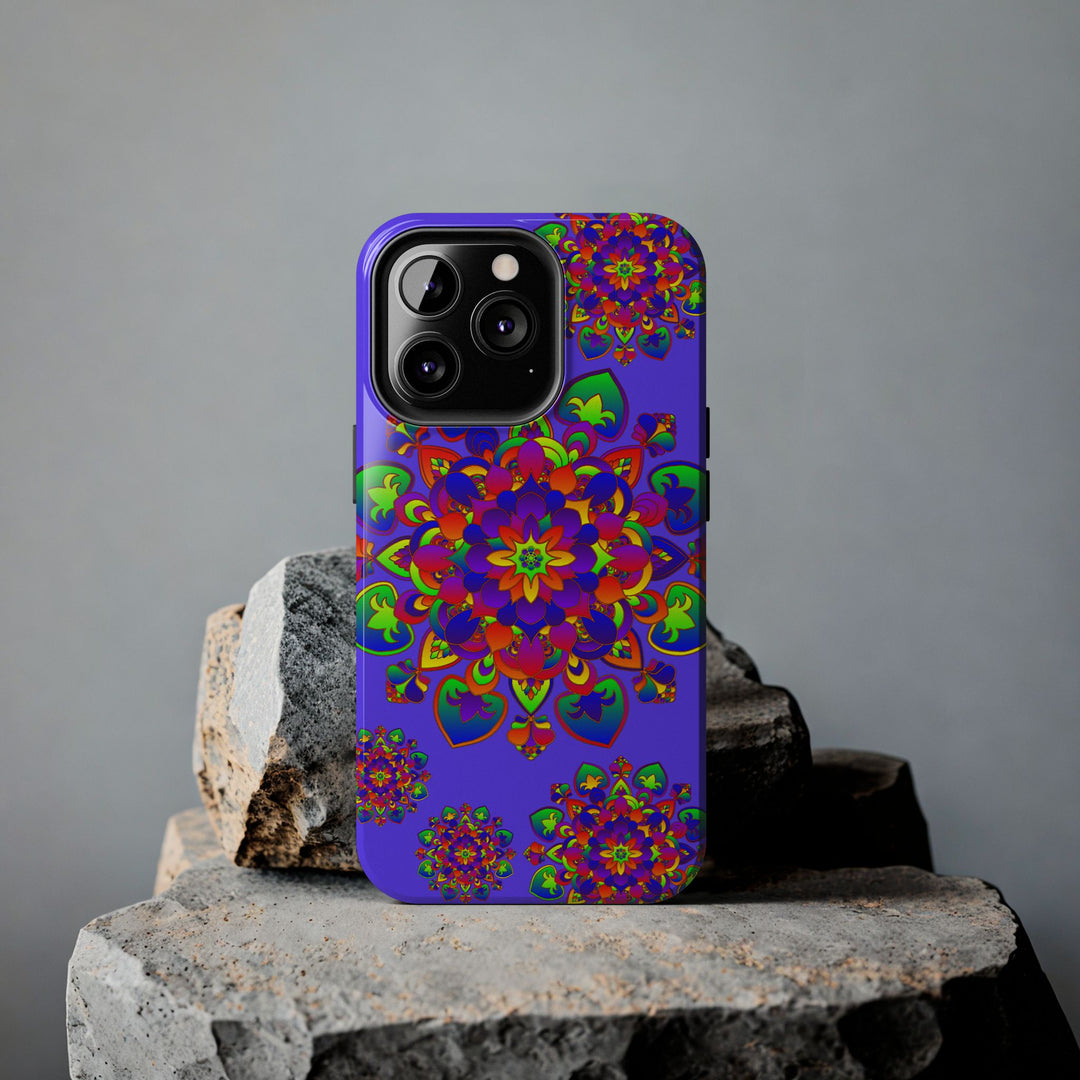 A vibrant and colorful hand drawn mandala rainbow design phone case