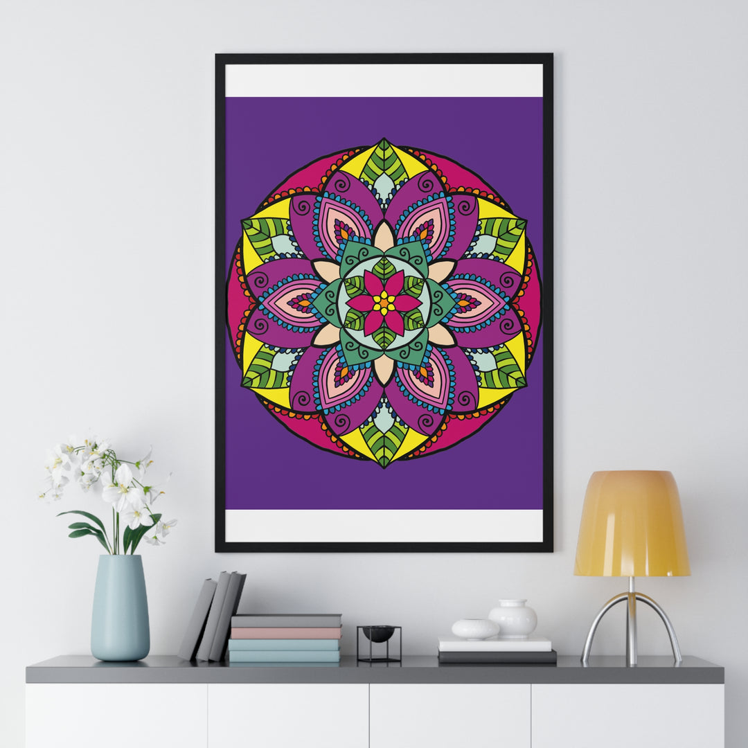 Beautiful hand-drawn purple mandala art framed poster for mindfulness and yoga