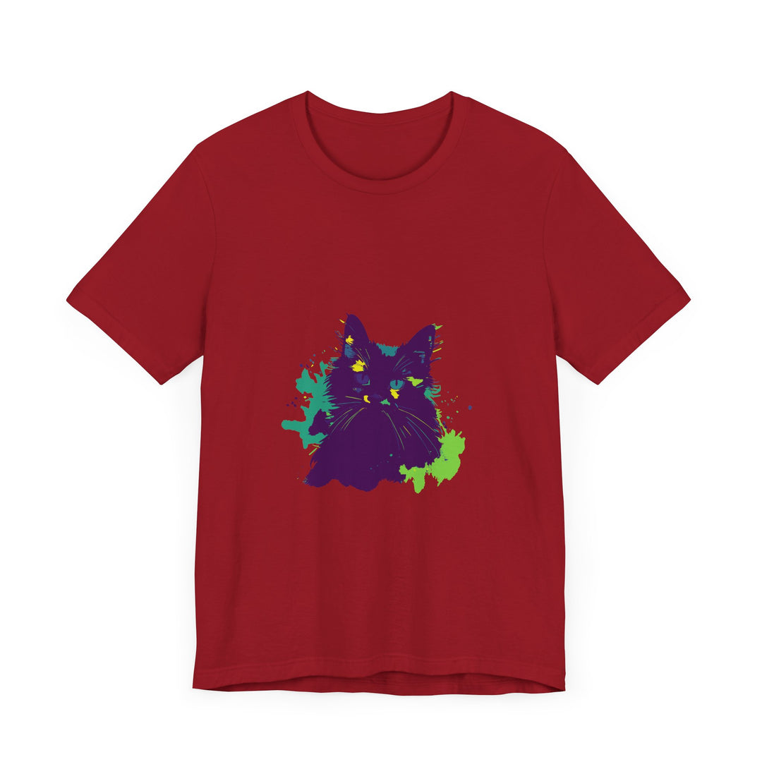 Vibrant purple t-shirt featuring an abstract design of a mysterious cat