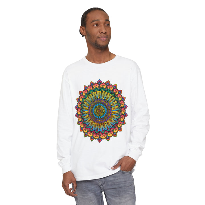 Intricate Mandala Unisex Long Sleeve T-Shirt featuring detailed mandala design on sleeves and front