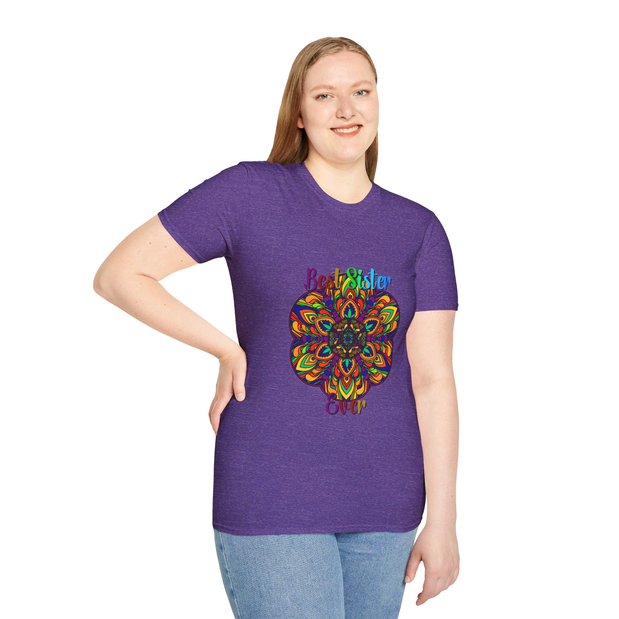 Softstyle t-shirt with hand-drawn mandala art design, perfect gift for sister