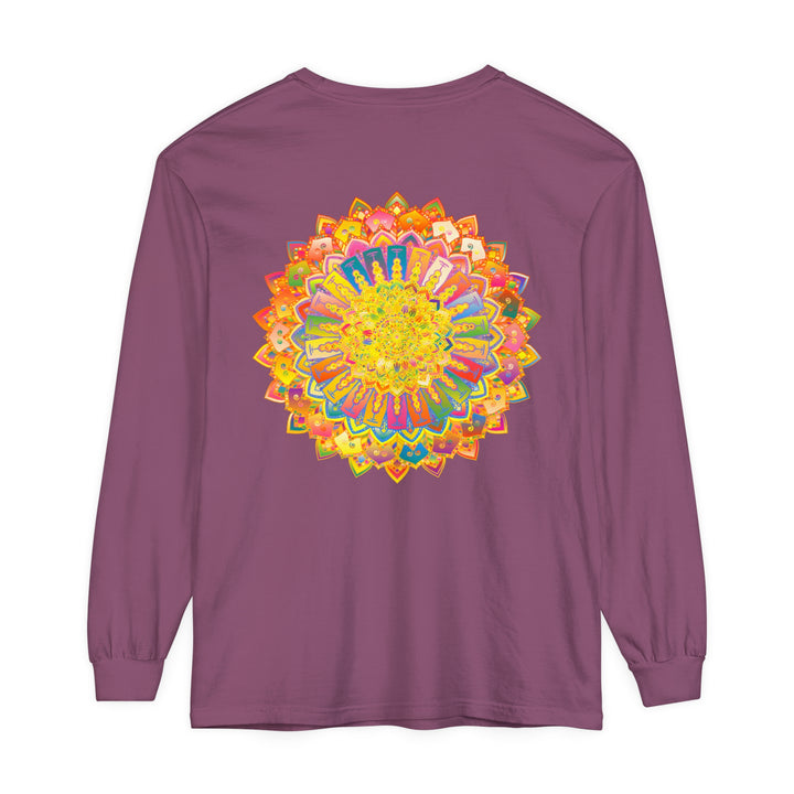 Unisex long sleeve T-shirt with intricate mandala design in vibrant colors