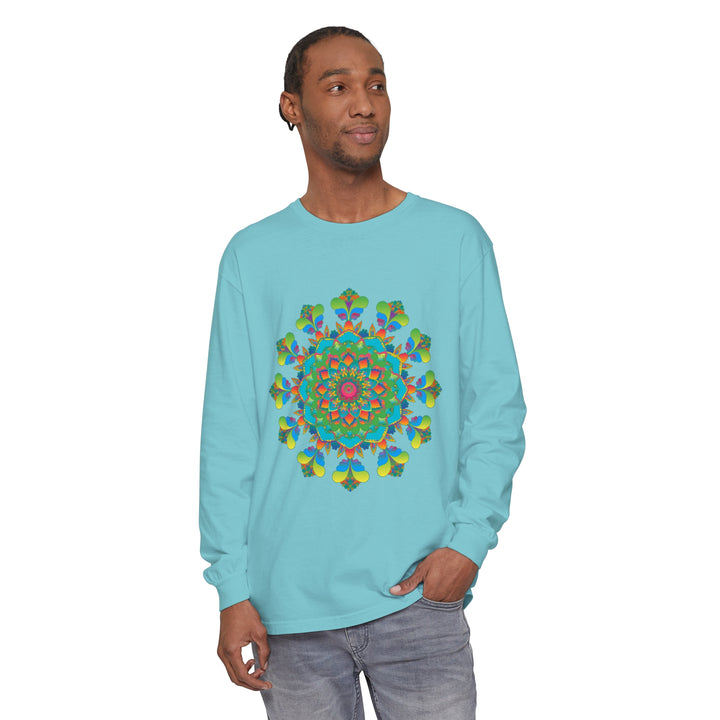 Vibrant and colorful long sleeve tie dye t-shirt with intricate mandala design