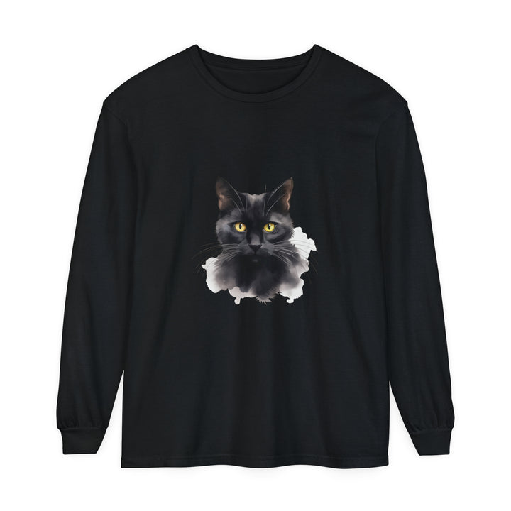 A high-quality unisex long sleeve t-shirt featuring a striking black cat portrait