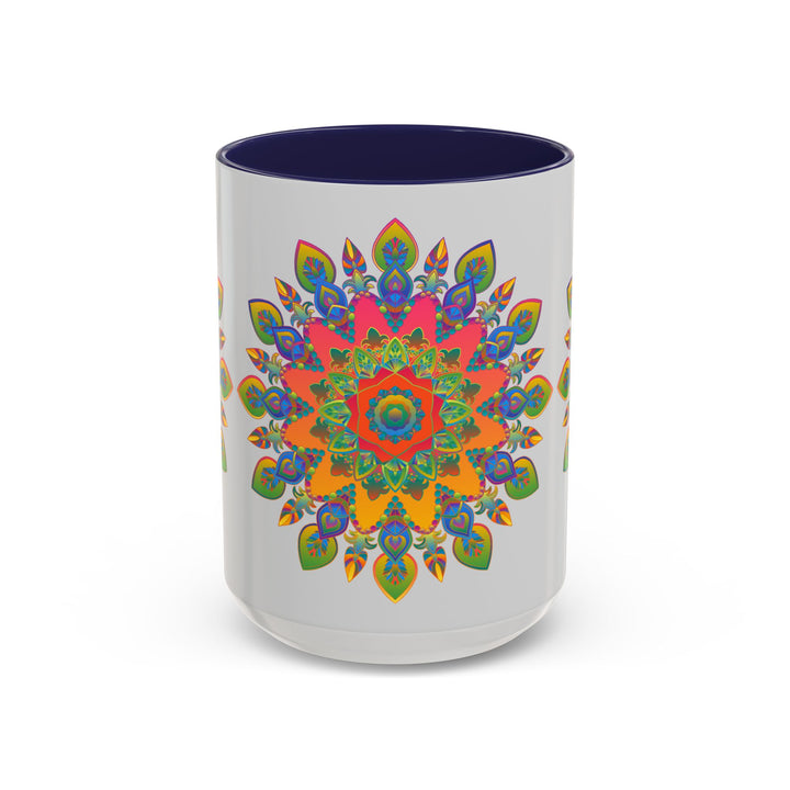 Colorful mandala mug featuring intricate and vibrant art on a grey background