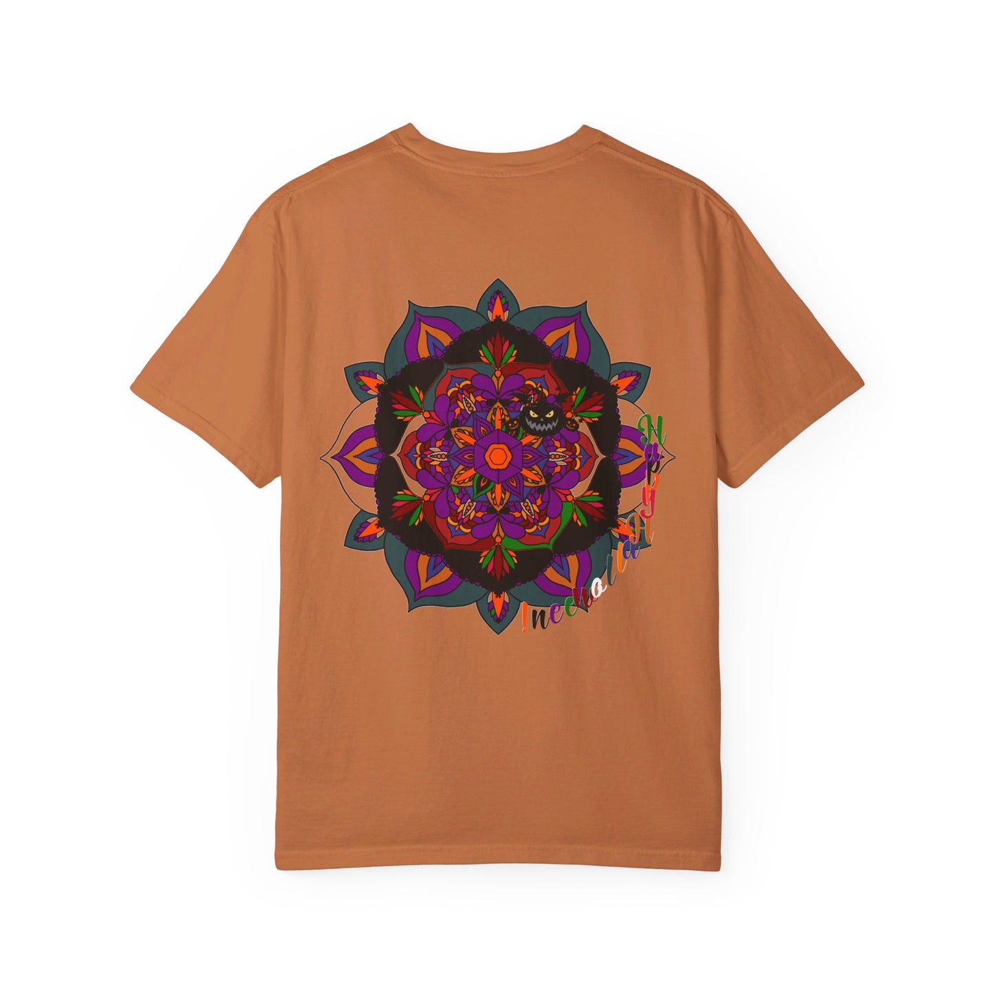 Handmade unisex Halloween mandala T-shirt featuring intricate pumpkin mandala art on a garment-dyed tee