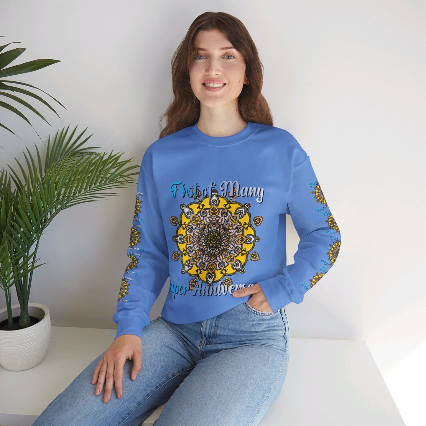 First Year Wedding Anniversary Gift unisex heavy blend crewneck sweatshirt with 'First of Many, Paper Anniversary' design