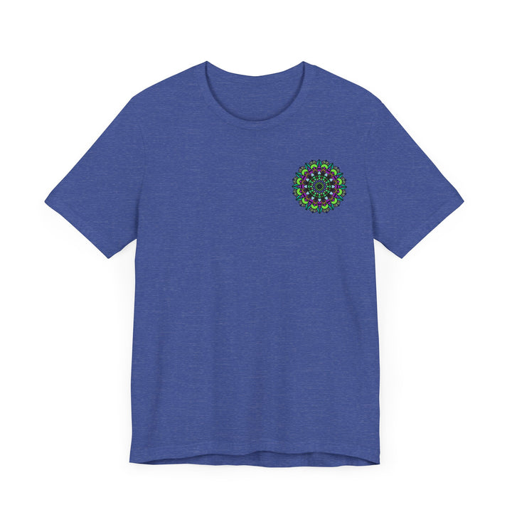 An intricate mandala design in shades of blue and purple on a soft white tee, representing spiritual harmony and peace