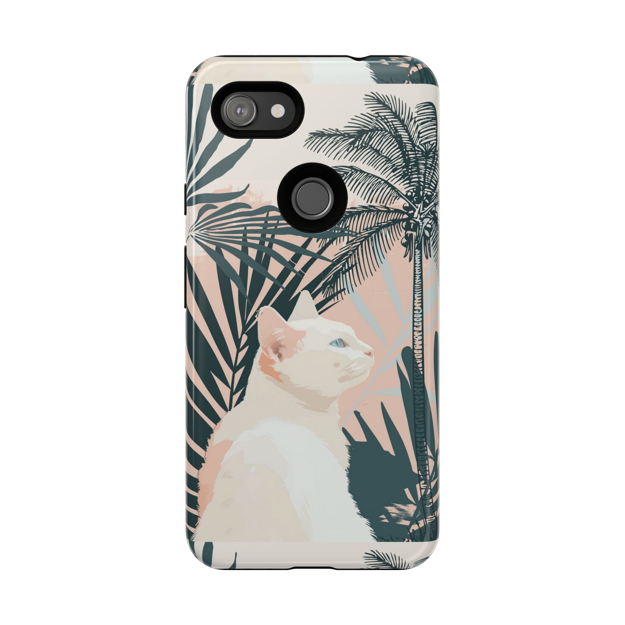 Custodia per telefono con gatto tropicale, motivi di palme lussureggianti e tenui colori pastello
