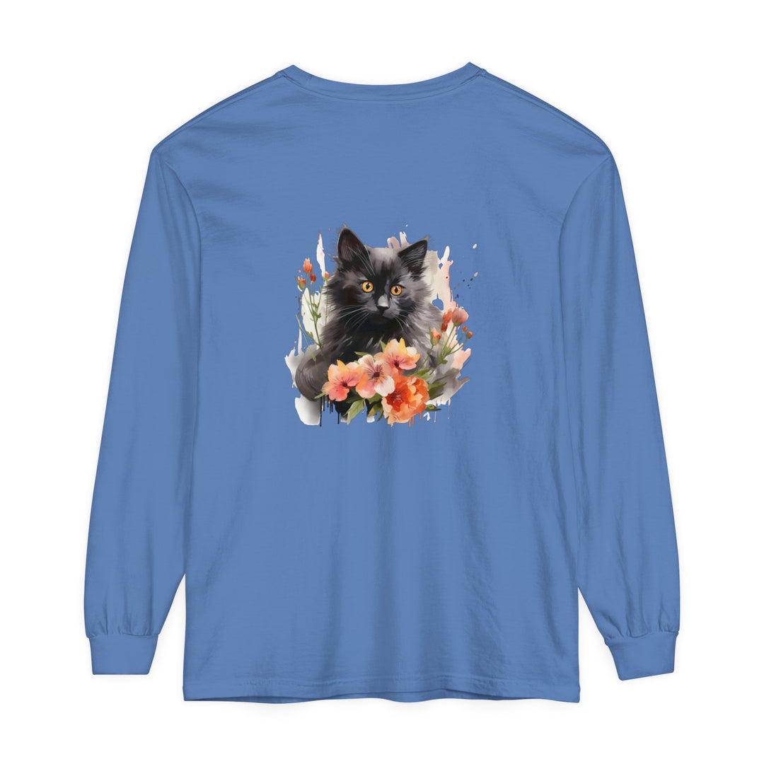 Black Cat & Flowers Watercolor T-Shirt featuring a cute feline surrounded by vibrant floral designs on a white tee