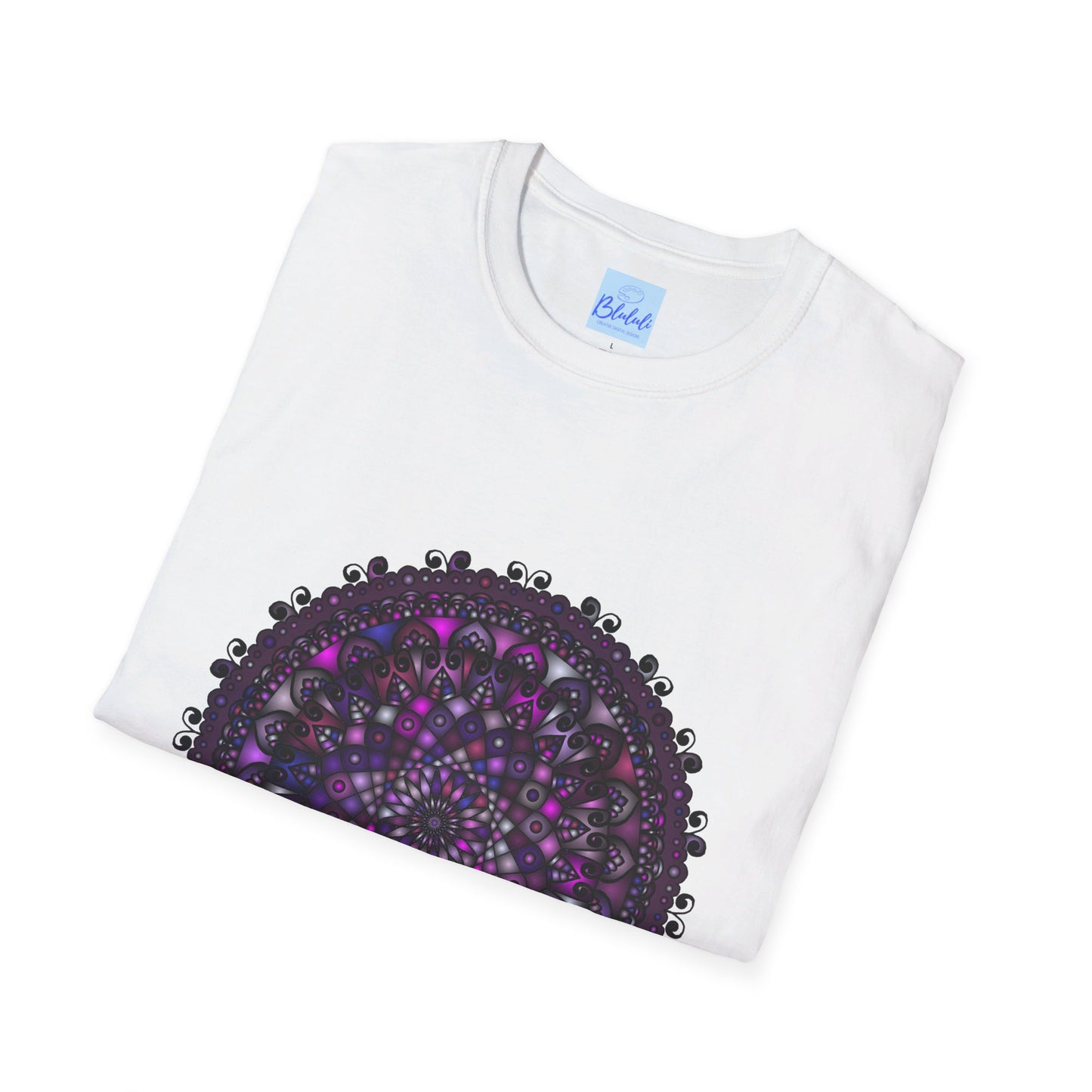 Softstyle unisex t-shirt featuring a hand-drawn purple mandala art design