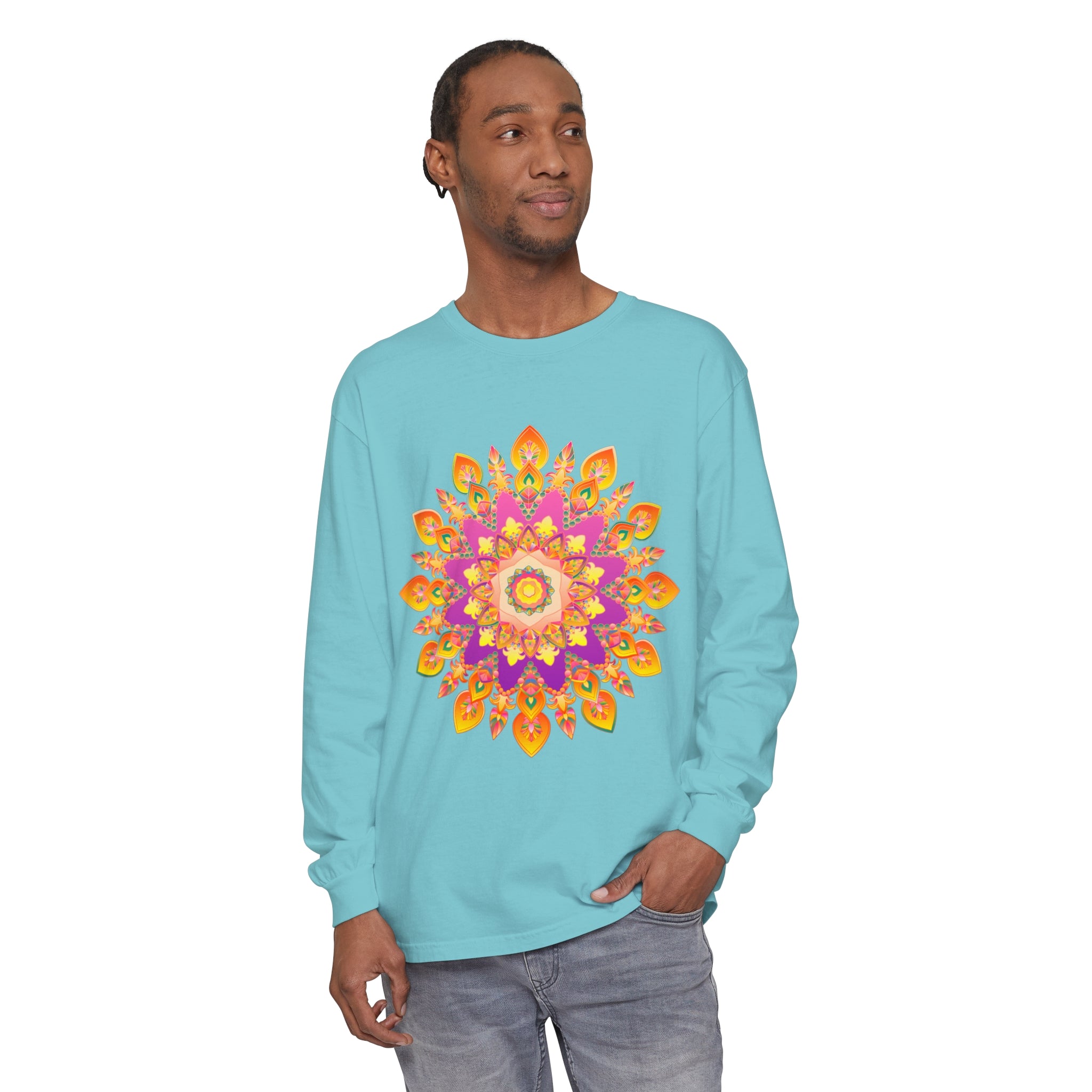 Colorful and intricate mandala design on a unisex long sleeve t-shirt