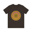 A vibrant and colorful mandala tee with spiritual art designs
