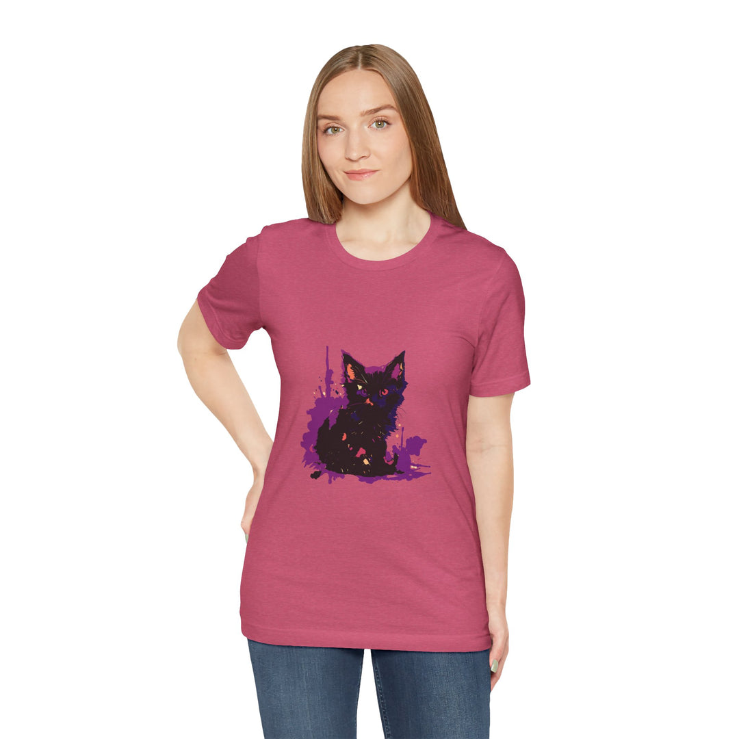 Schwarzes Katzenrätsel – Lila Farbspritzer-T-Shirt