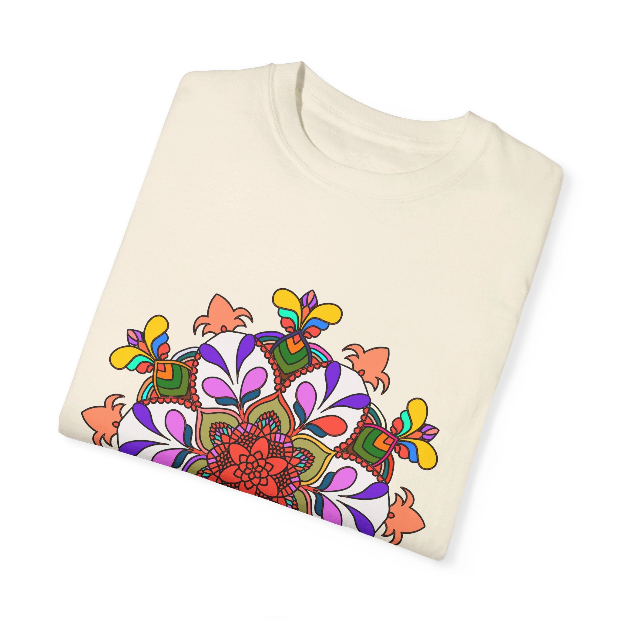 Unisex Mandala T-Shirt made from 100% ring-spun cotton, featuring hand-drawn mandala art and garment-dyed for extra comfort