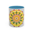 Colorful ceramic mug featuring a vibrant floral mandala design, perfect for enjoying your favorite hot beverages