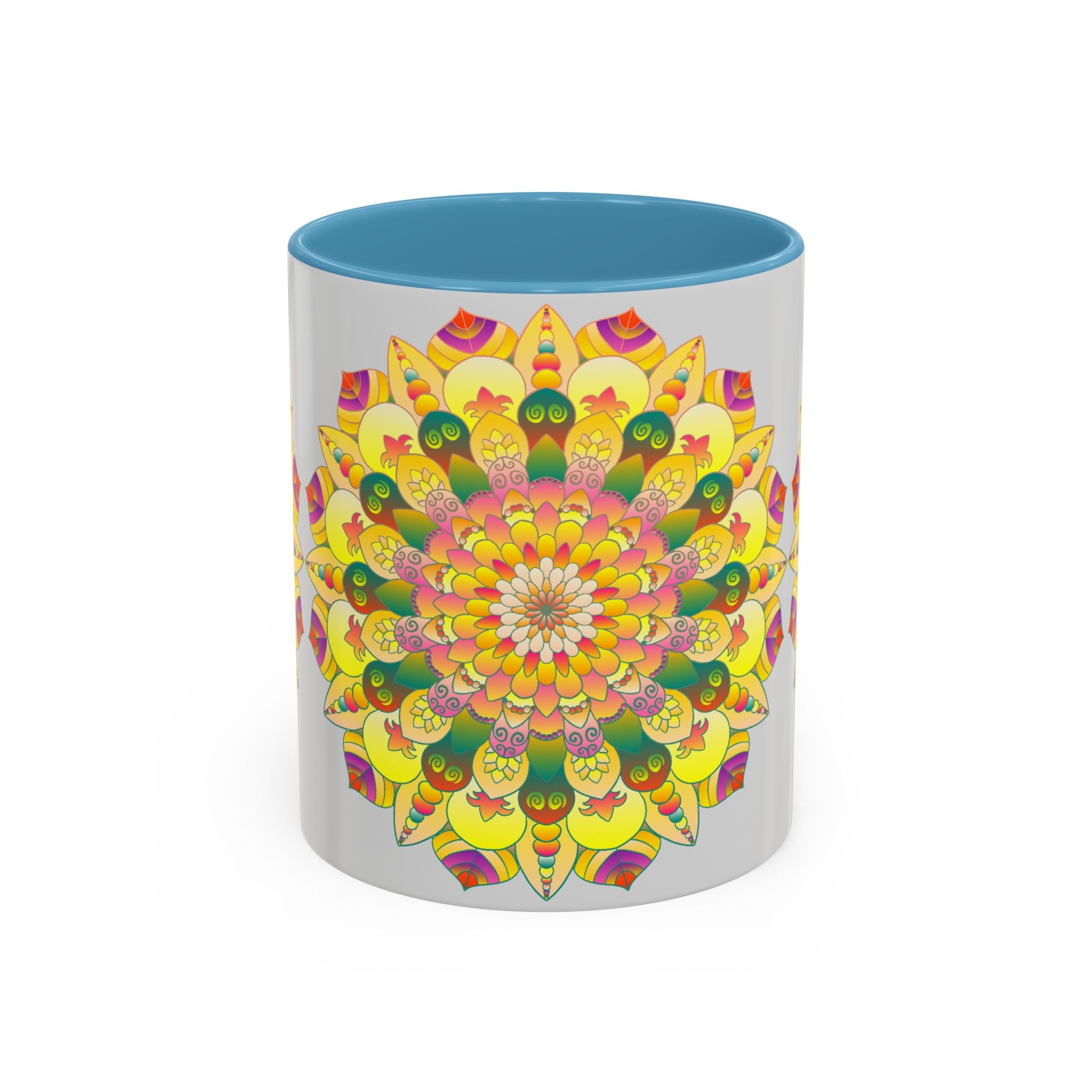 Colorful ceramic mug featuring a vibrant floral mandala design, perfect for enjoying your favorite hot beverages