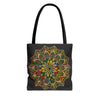 Mandala art hand-drawn tote bag with colorful floral design