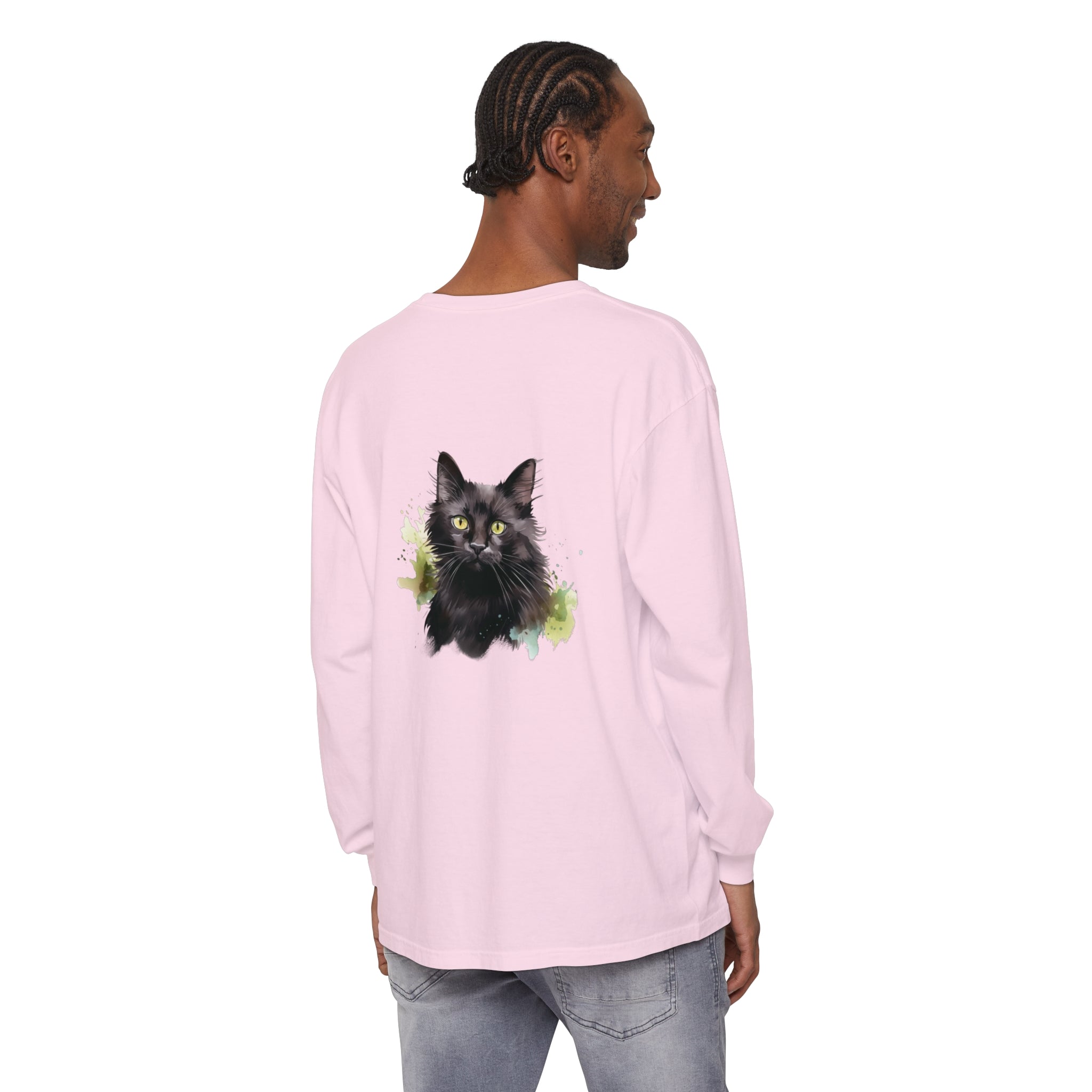 Black Cat Watercolor Splash Long Sleeve T-Shirt with vibrant, artistic design