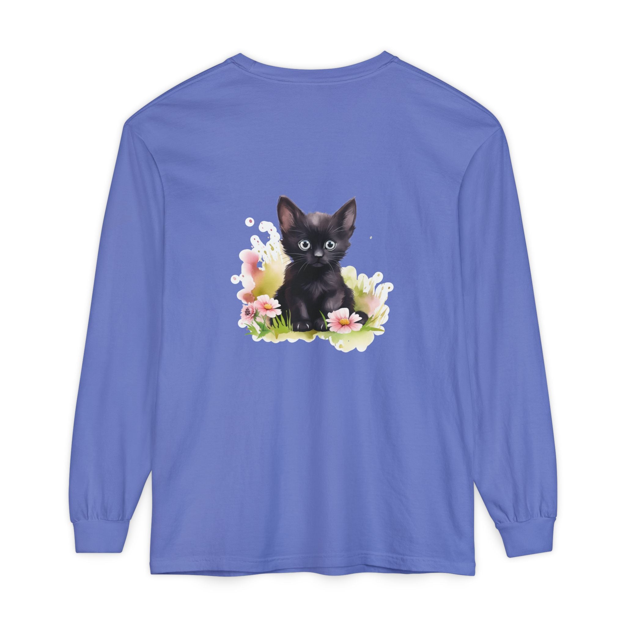 Black Kitten & Pink Flowers Long Sleeve T-Shirt