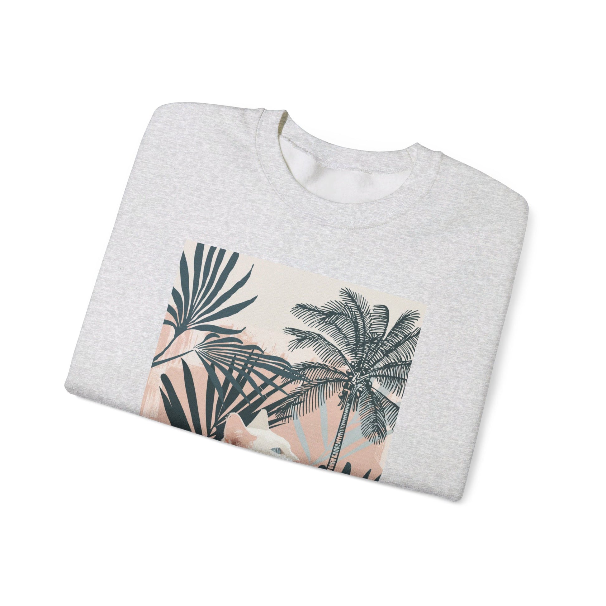 Cozy unisex heavy blend crewneck sweatshirt featuring a cat lounging under palm trees