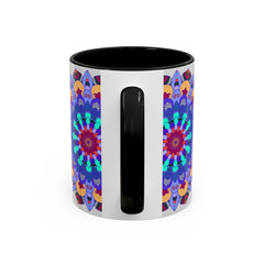 Colorful and symmetrical mandala art mug with intricate patterns and vibrant colors