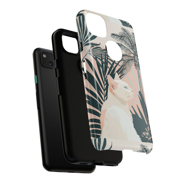 Tropische Katzen-Telefonhülle mit üppigen Palmenmotiven und sanften Pastelltönen