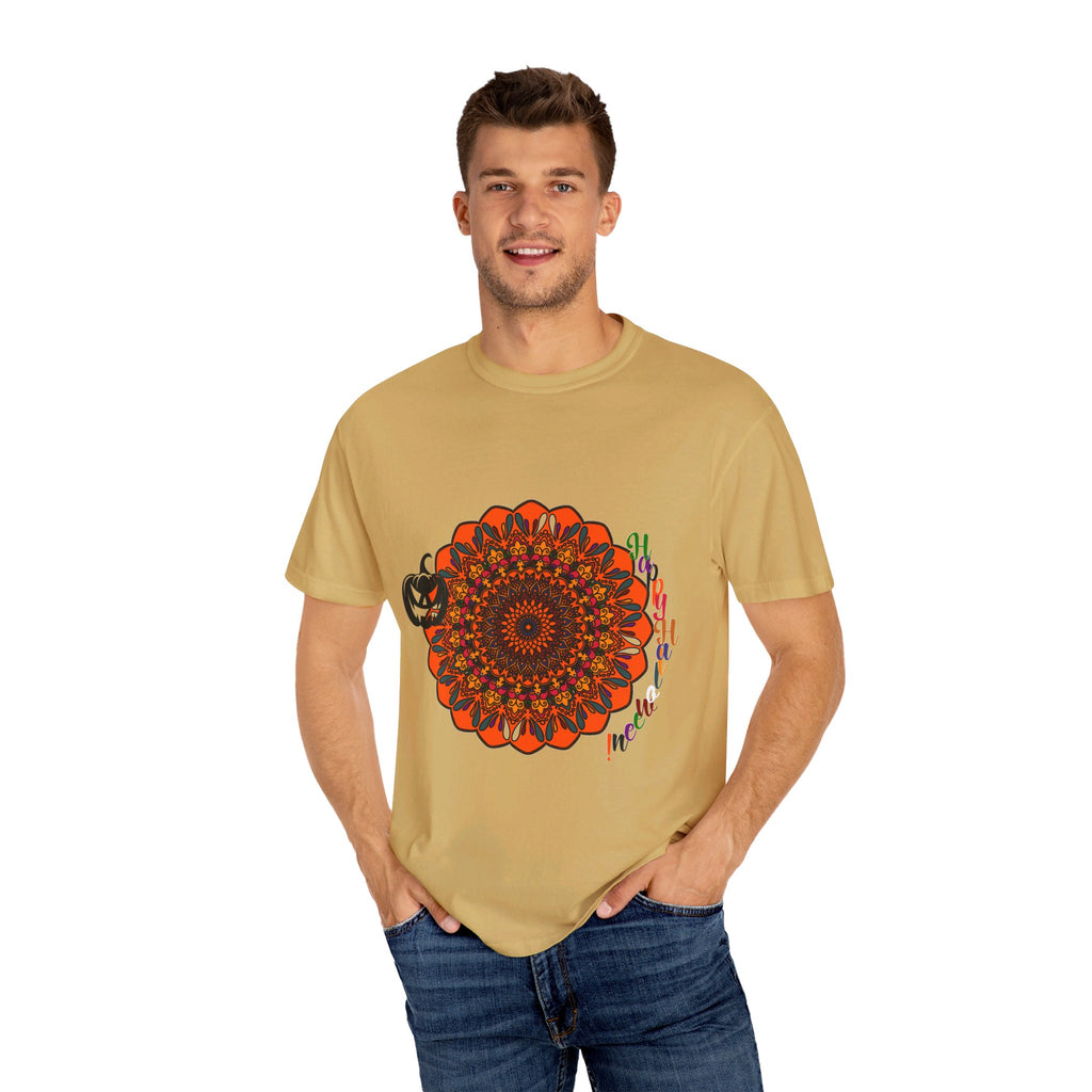 Handmade pumpkin mandala art featured on unisex Halloween t-shirt