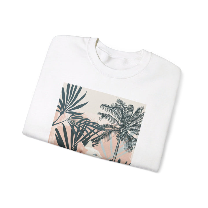 A cozy unisex heavy blend crewneck sweatshirt featuring a cat lounging under palm trees