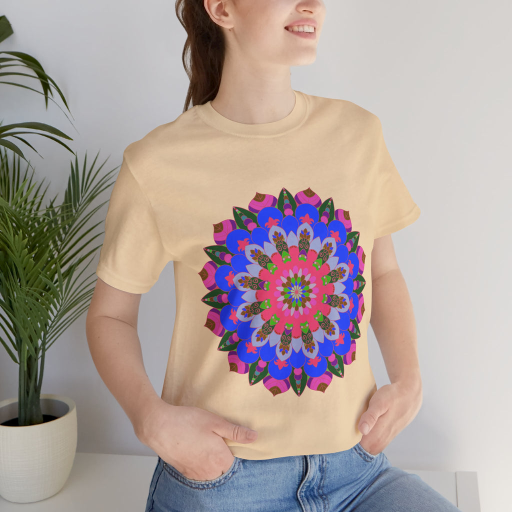 Vibrant and intricate geometric mandala design t-shirt in various colorful hues