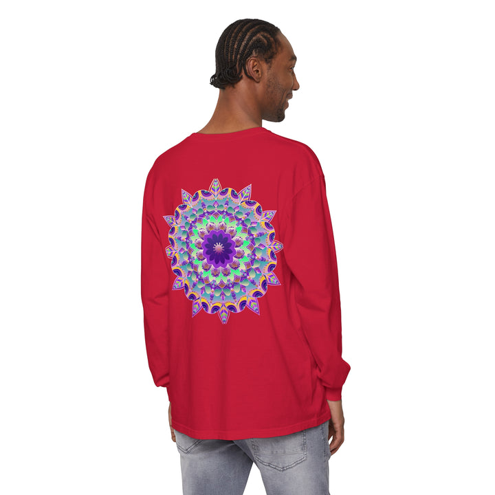 Colorful and intricate psychedelic mandala design on a long sleeve t-shirt