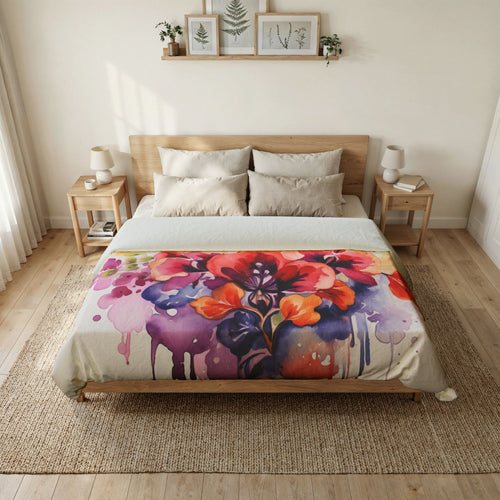 Bettbezug mit Aquarellblumenmuster – Lebendiger Tropfenstrauß aus Baumwolle