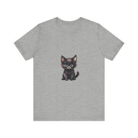 A white t-shirt featuring an adorable grey kitten with bright blue eyes