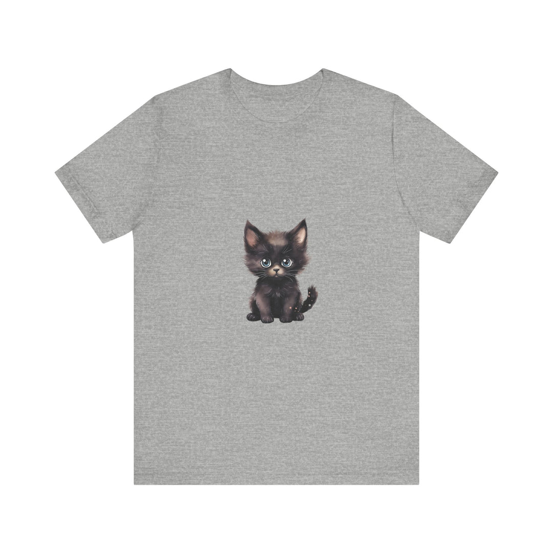 A white t-shirt featuring an adorable grey kitten with bright blue eyes